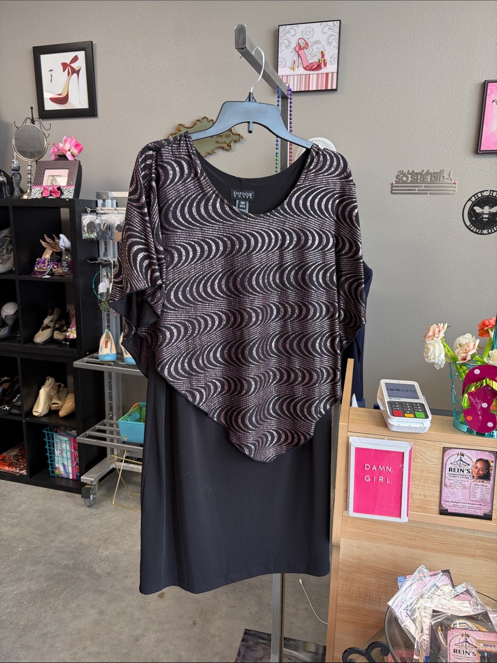 Enfocus Studio Black Dress with Metallic Wave Overlay